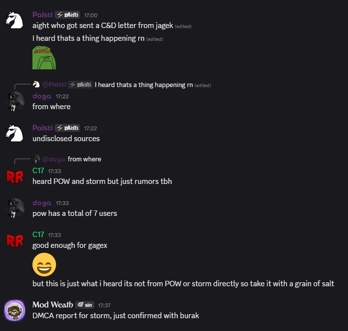 Community discussion referencing a reported DMCA / cease-and-desist letter from Jagex to Storm Client